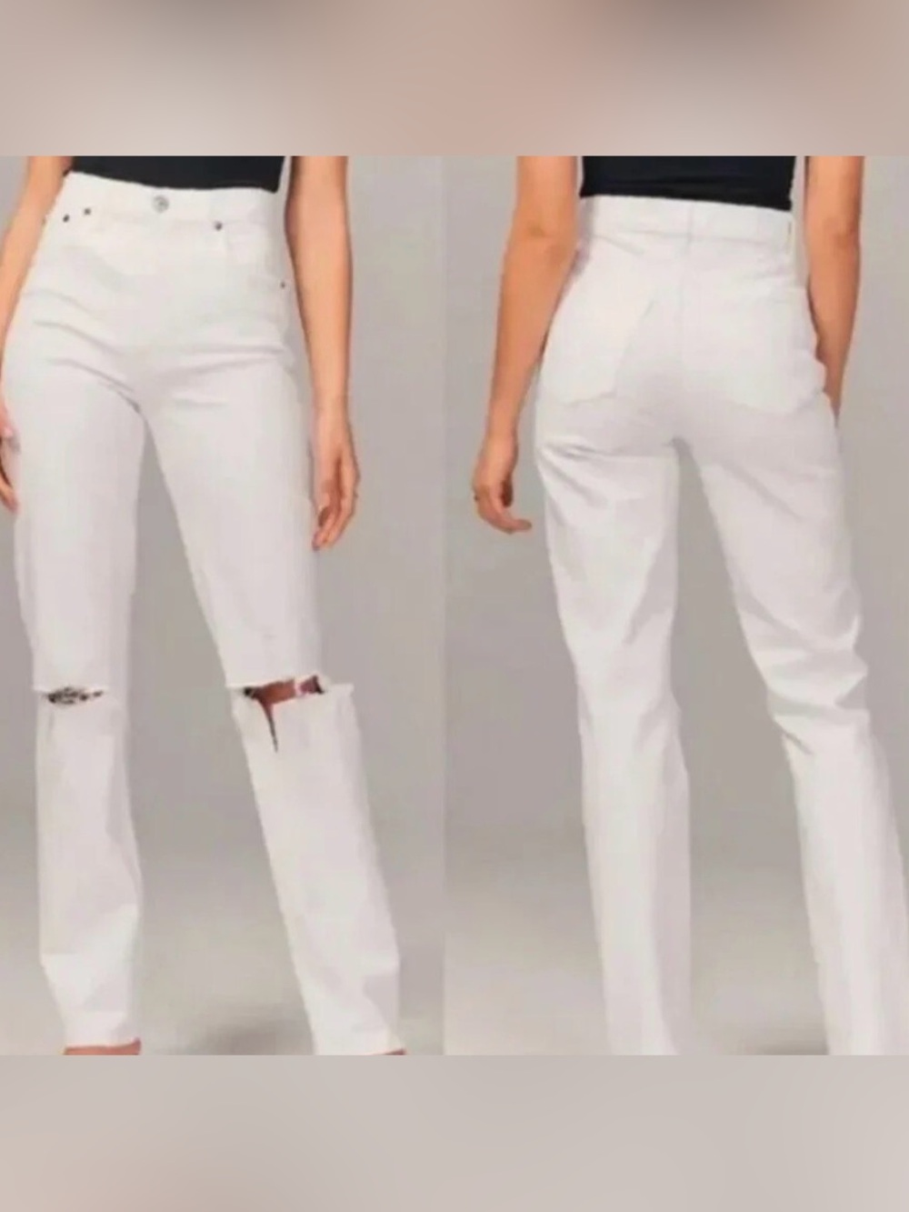 NWT Abercrombie & Fitch 90s Straight Ultra High Rise Distressed Knee White Jeans